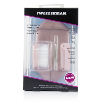 Tweezerman Complexion Prep To Go Set: Cleansing Brush + Skin Care Tool + Folding Razor + Travel Bag