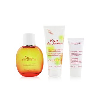 Eau Des Jardins Coffret: Fragrance Spray 100ml/3.3oz + Smoothing Body Cream 100ml/3.3oz + Exfoliating Body Scrub For Smooth Skin 30ml/1oz + Pouch
