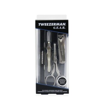 Tweezerman G.E.A.R. Essential Grooming Kit: Point Tweezerette+Facial Hair Scissors+Fingernail Clipper+Multi-Use Nail Tool+Leather Pouch