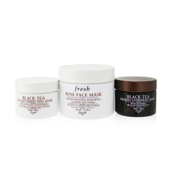 Conjunto de máscaras faciais: 1 máscara facial rosa - 100ml/3,3oz + 1x máscara noturna reafirmante de chá preto - 30ml/1oz + 1x máscara de aperfeiçoamento instantâneo de chá preto - 30ml/1oz