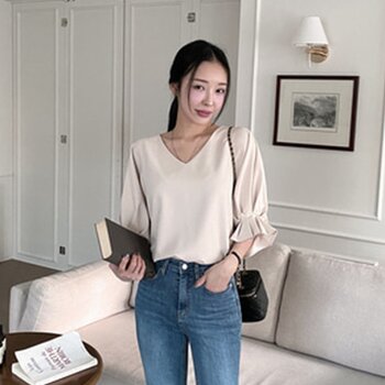 V-Neck Loose Fit Ruffle Blouse